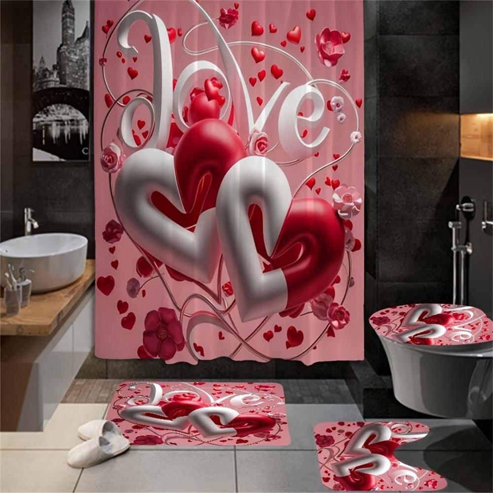 

4pcs Red And White Heart Pattern, Valentine s Day Bathroom Set, Waterproof Barrier Shower Curtain, with 12 Hooks, Non Slip Bath 4pcs