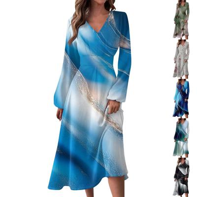 Women's Autumn- And Winter Casual Fashion V-neck Long Sleeve Stripe Print Long Dress Suitable For Daily Life And Party Wear