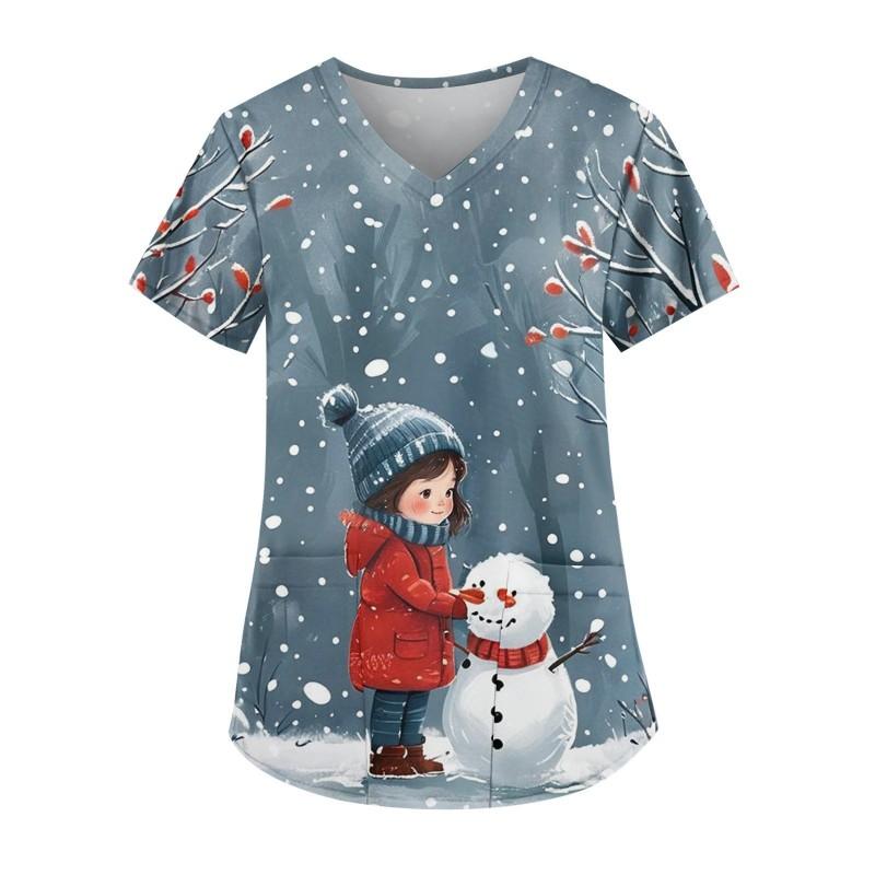 3D Snowman Print V-Neck Short Sleeve T-Shirt Women Men Casual Workwear Comfort Fit 2025