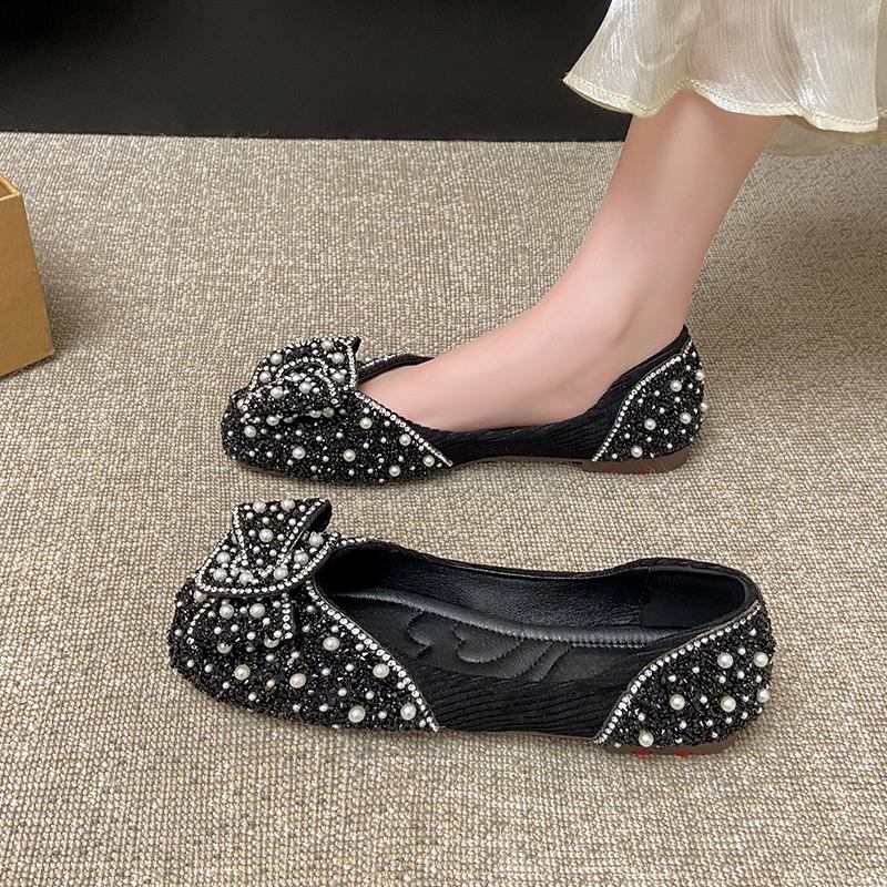 Fashion Fashion Single Shoes Summer New Square Head Shallow Mouth Pearl Glitter Cover Wear-resistant Flat Low Top Shoes
