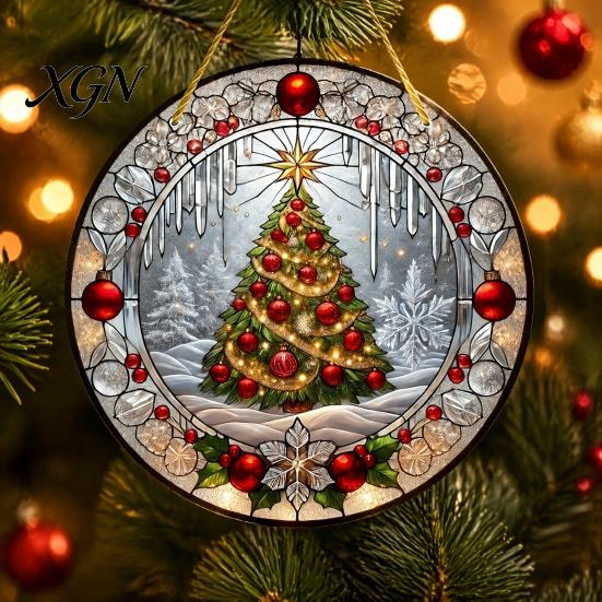 Runde Buntglas-Weihnachtsbaumschmuck Stil Acryl Fensterhänger, Weihnachtsbaum Schneeszene Innenparty-Dekorationen Sonnensammler, Tür Heimdekoration