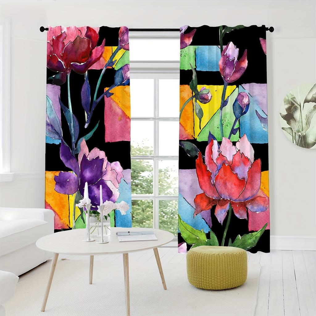 2pcs Seamless Border With Colorful Flower Patterns Watercolor Falling Leaf Prints Curtains For Living Room Bedroom For Home Deco