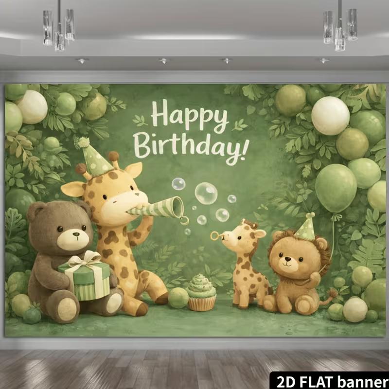 2D Kids Safari Animal Birthday Backdrop Photography Background