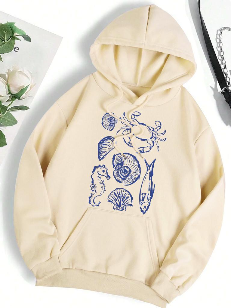 Ocean Fauna Fish Conch Design Women Hoody Loose Fleece Hoodie Autumn Y2K Pocket Hoodies Multicolor Soft Woman Streetwear