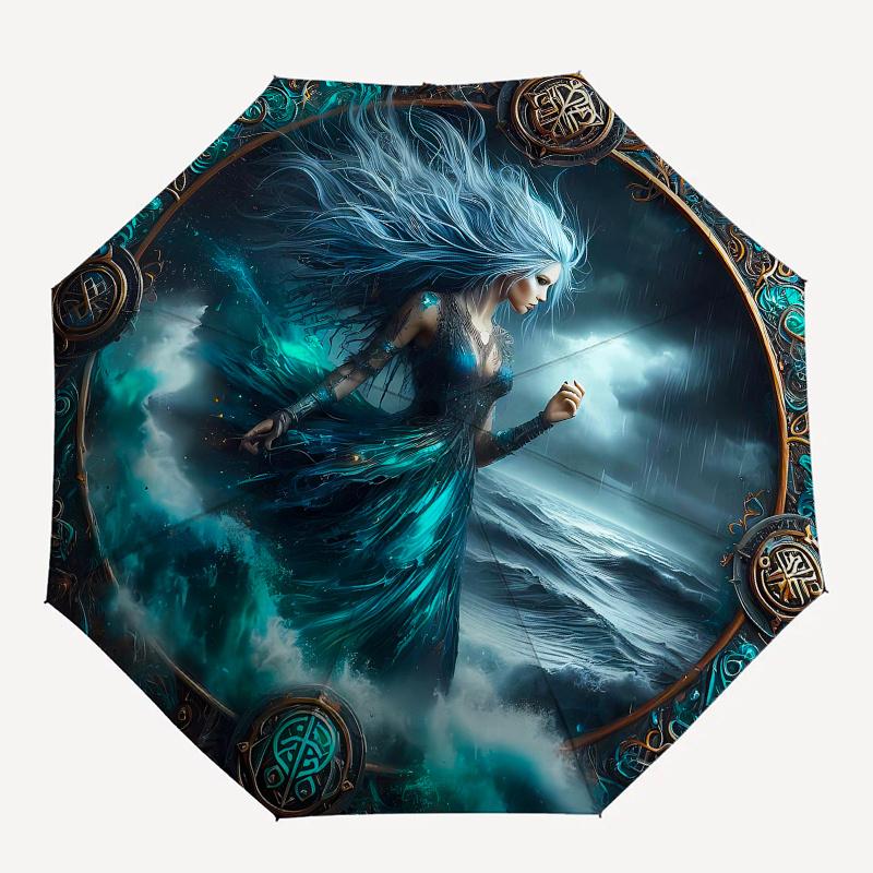 Oceanic Elegance: Mystical Sea Goddess Wall ArtUmbrella, Portable 3-Fold Compact Umbrella,Christmas Gift ES660