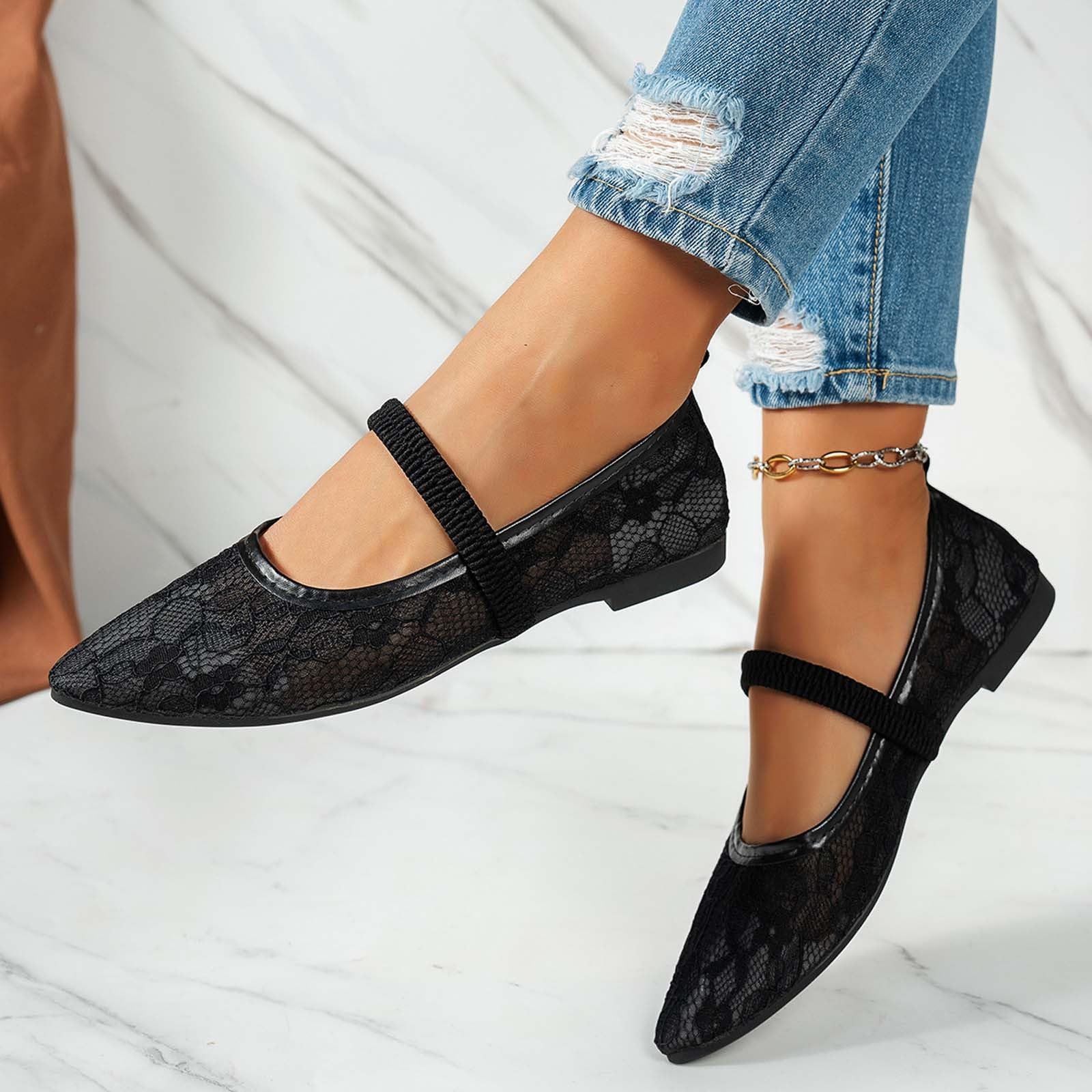 Shallow mouth, one foot, flat bottomed pointed lace commuting comfortable casual shoes 36 чёрный