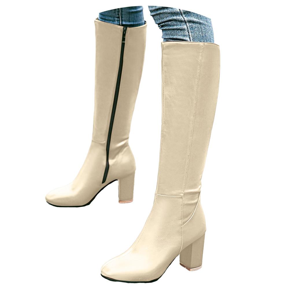 Stiefel Damen kniehoch Plateau Damen Leder Modisch Langer Schaft Blockabsatz Spitze Seite Reißverschluss Zapatos Para Mujer