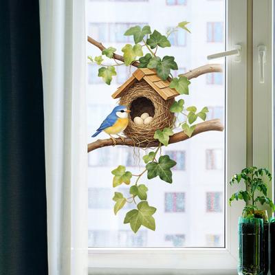 Window Clings for Home Decor, Birds Nest & Ivy Pattern Decals, UV Printed Clear Static Stickers for Glass Door, Removable Wall Art with Birds