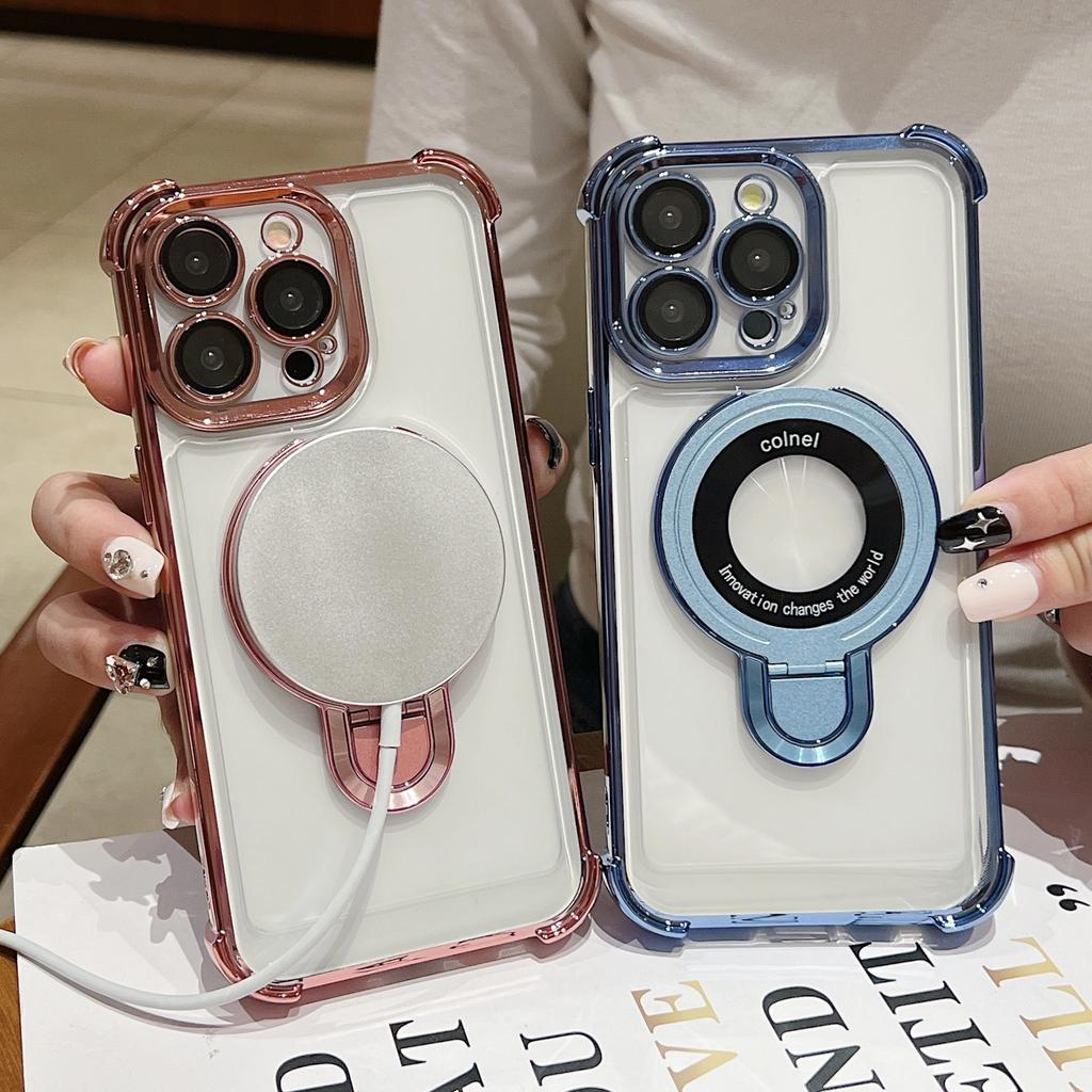 Fashion Plating Magnetic Bracket Case for 17 16 15 14 13 12 Pro Max Case With Holder Stand Shockproof Cover for Magsafe