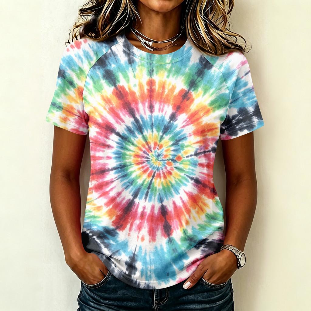 Damen Freizeit Kurzarm Raglan T-Shirt Rundhals Batik-Print Leichtes Weiches Gewebe Sommer Oberteil