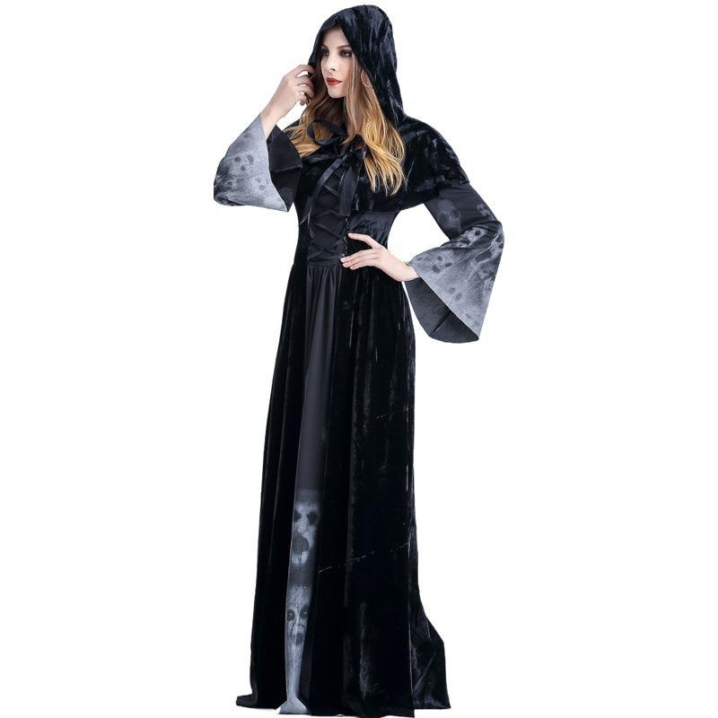 Witch clothes adult halloween cos skull print black demon witch vampire reaper dress