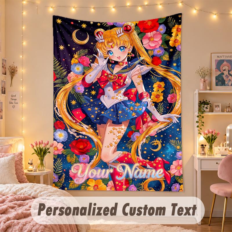 Custom Personalized Tapestry,Sailor Moon Print Custom Name Text Wall Art Hanging for Bedroom