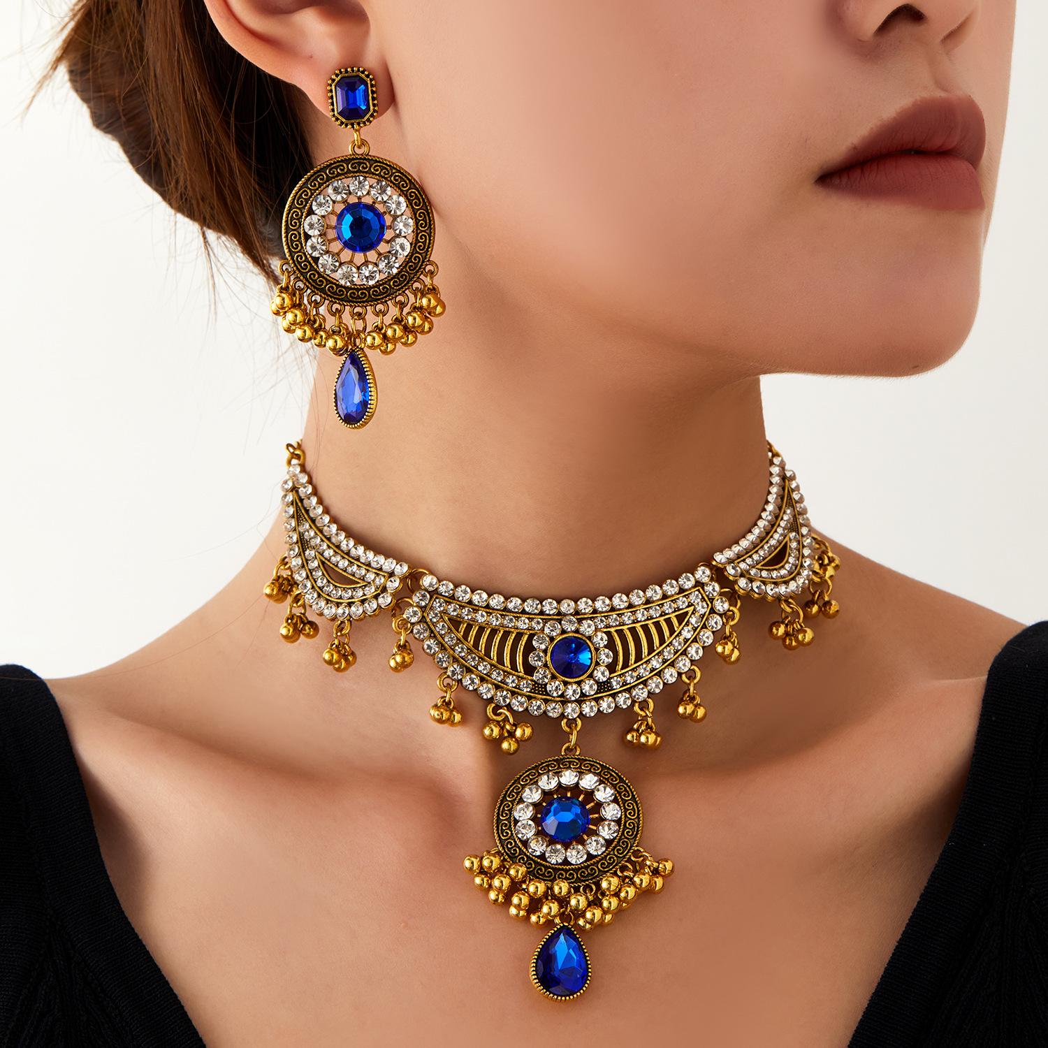 

Vintage Ethnic Rhinestone Necklace & Earrings Set синий
