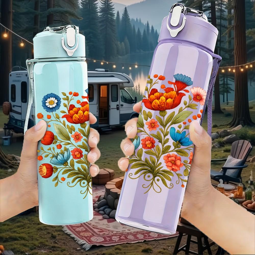 1PC Colorful Wildflower Bouquet 750ml Color Plastic Sports Water Bottle Leakproof Flip Straw Lid Suitable for Sports Office Home Use