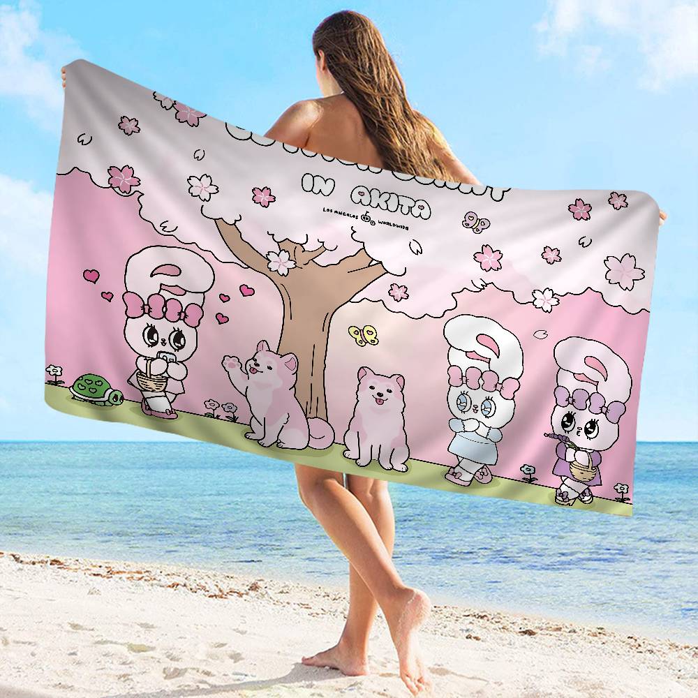 E-Esther Bunny Cartoon Microfiber Printed Beach Towel Mountain Climbing Yoga Beach Swimming Running Absorbent Soft Towel