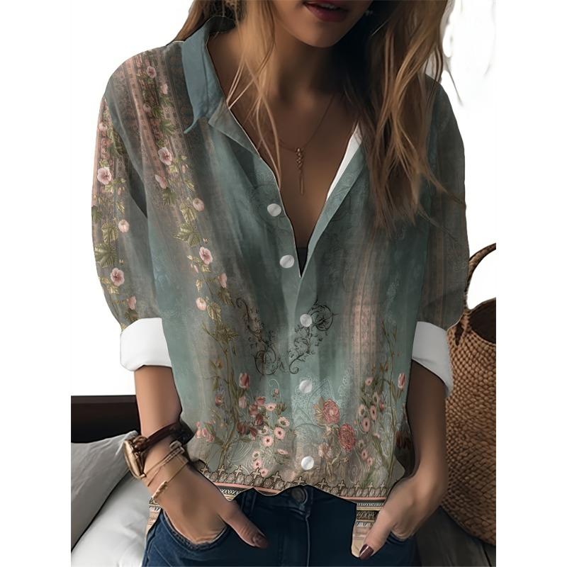 Large Size Lapel Women's Shirts Butterfly Pattern Women's Button Down Shirts Fashionable Women's Temperament Women's Shirts