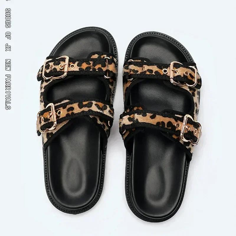 Hochwertiges Leopard Metall Schnallendesign Damen Hausschuhe Sexy Komfort Rutschfeste Pantoletten Sommer Größe 43 Plateau Flip Flops