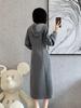 Women's European-Style Grey Hooded Sweatshirt Dress - Textured, Cinched Waist, Slimming, Casual Autumn/Winter Wear