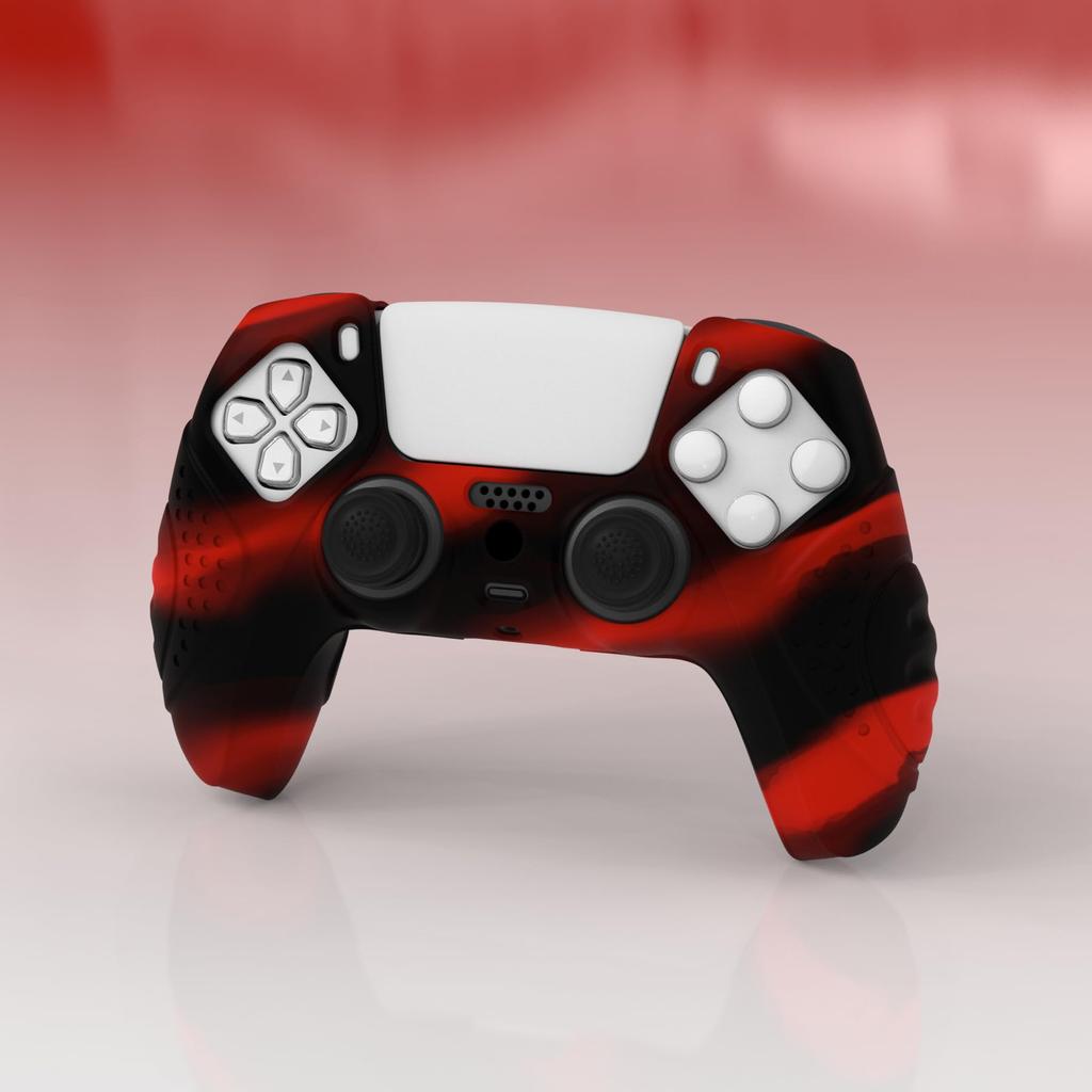 EXtremeRate PlayVital Schutzhülle für Cover für PS5 mit Stickkappe PS5, Controller, [Rot & Schwarz]