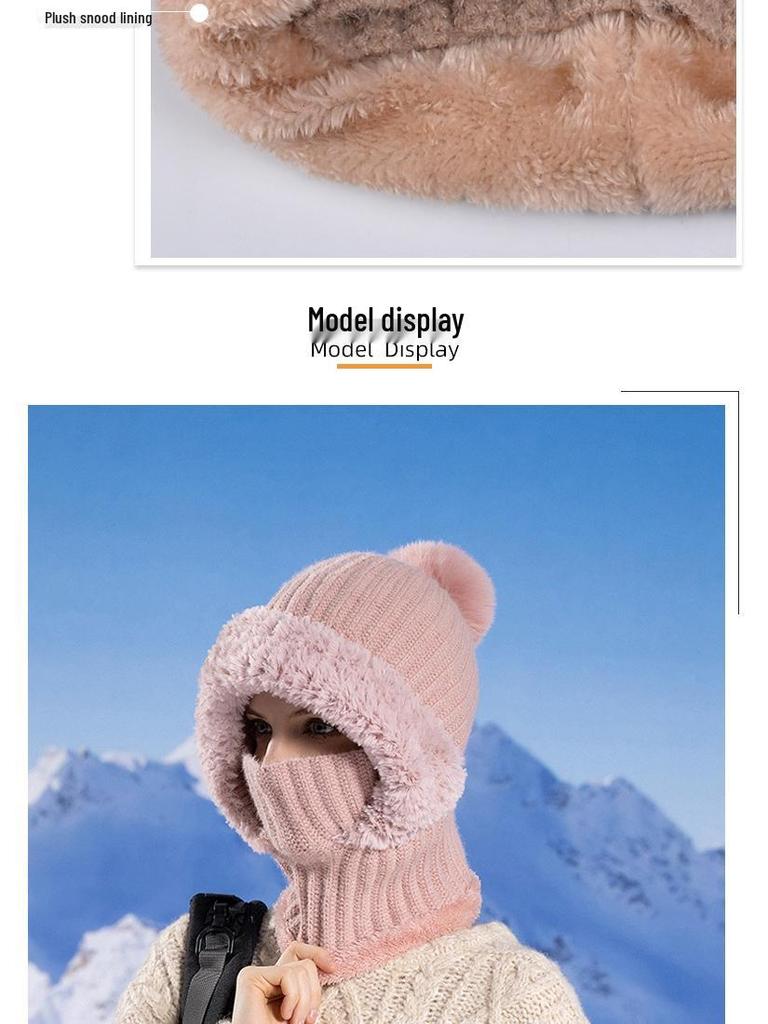 Women's Winter Knitted Hat with Scarf & Mask - Windproof, Plus Velvet, Warm Wool, Ideal for Cycling