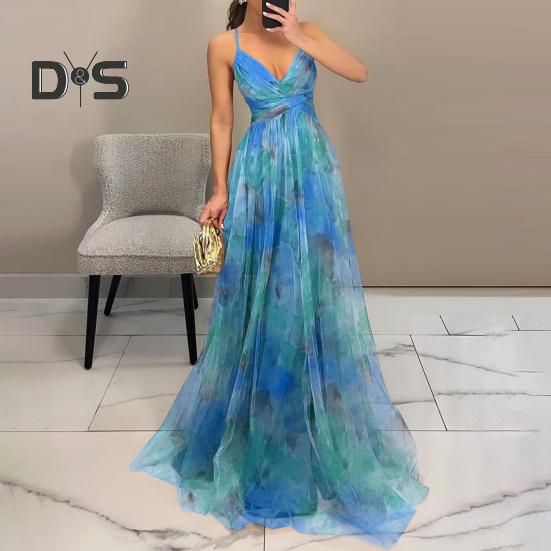 Damen Spaghettiträger Maxikleid Blumen Boho Tiefer V-Ausschnitt Aushöhlen Mesh Plisseekleid Sommer Strand Party Swing Langes Kleid