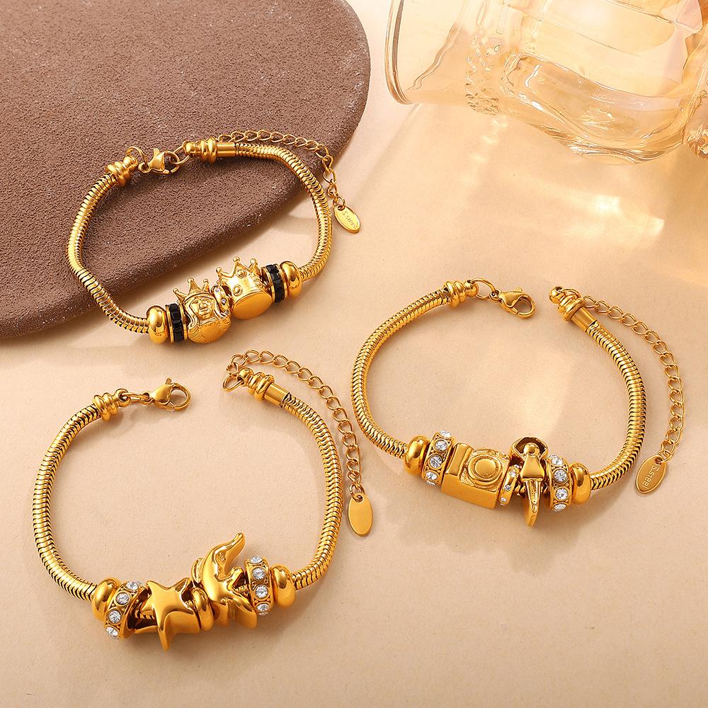 European and American retro style DIY crown love pendant bracelet stainless steel plated 18K gold bracelet