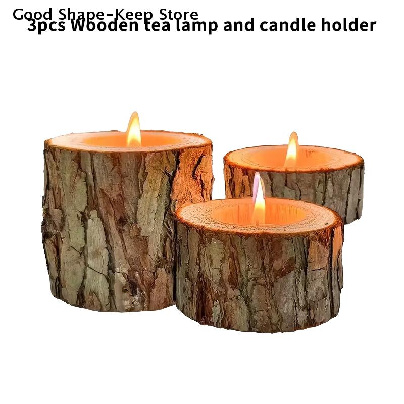 3pcs Nordic Style Wooden Candlestick Base For Bedroom Room Candle Tree bark wooden candle holder Tree Stump Candlestick Ornament