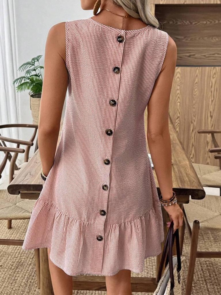 2026 Women's Casual Striped Button-Back Mini Dress - Vacation Style