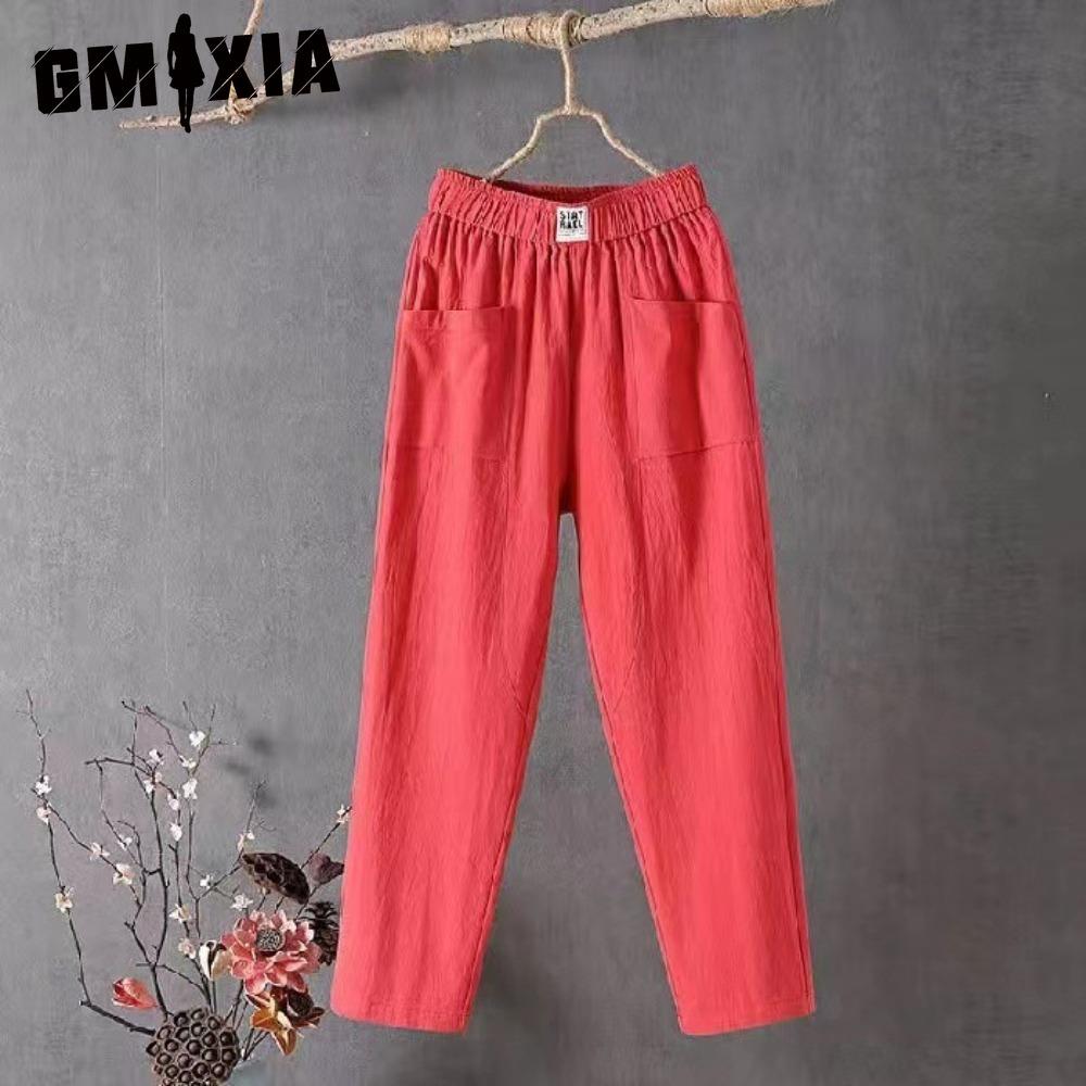 

GMXIA Летние женские брюки Повседневные хлопково-льняные брюки Свободные прямые брюки Брюки гаремы длиной девять точек XXXXL красный