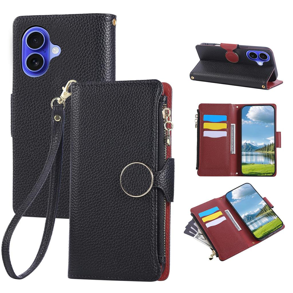 For iPhone 16 Case Zipper Wallet Leather Phone Cover with Wrist Strap