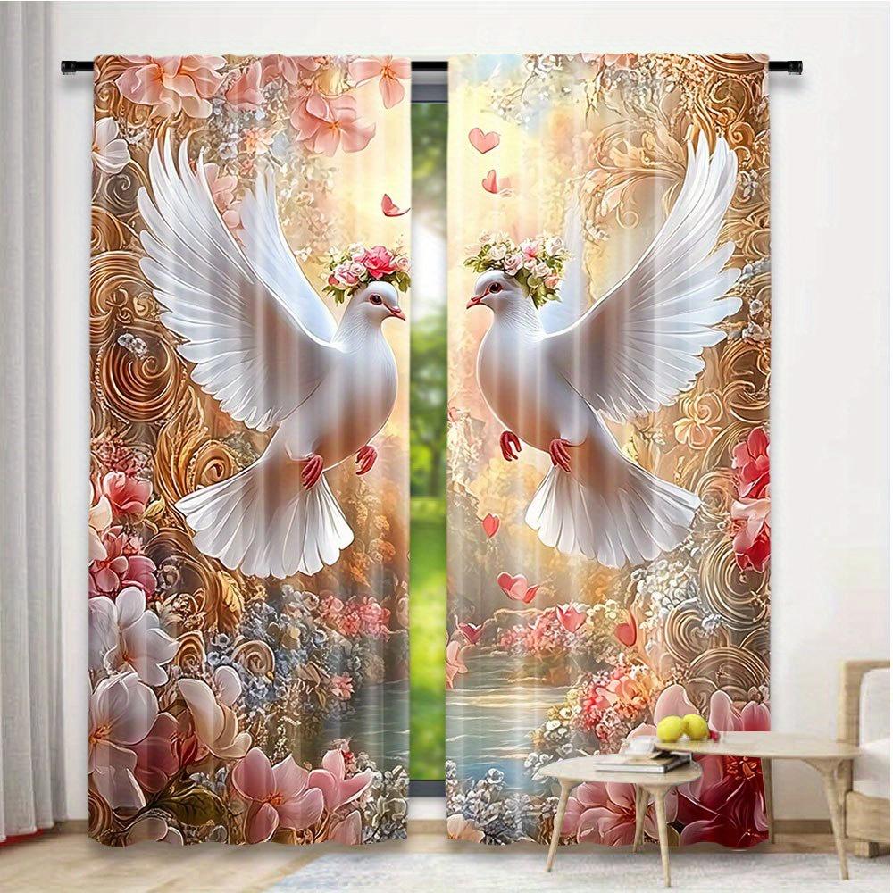 2pcs White Dove with Wreath Print Curtains – for Living Room   Bedroom   Kitchen   Caf   Hotel & Restaurant Decor