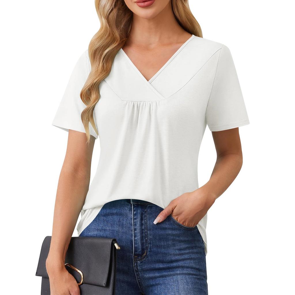 Womens Summer Tops Casual Ruffle Short Sleeve Crewneck Loose Pleated T Shirts