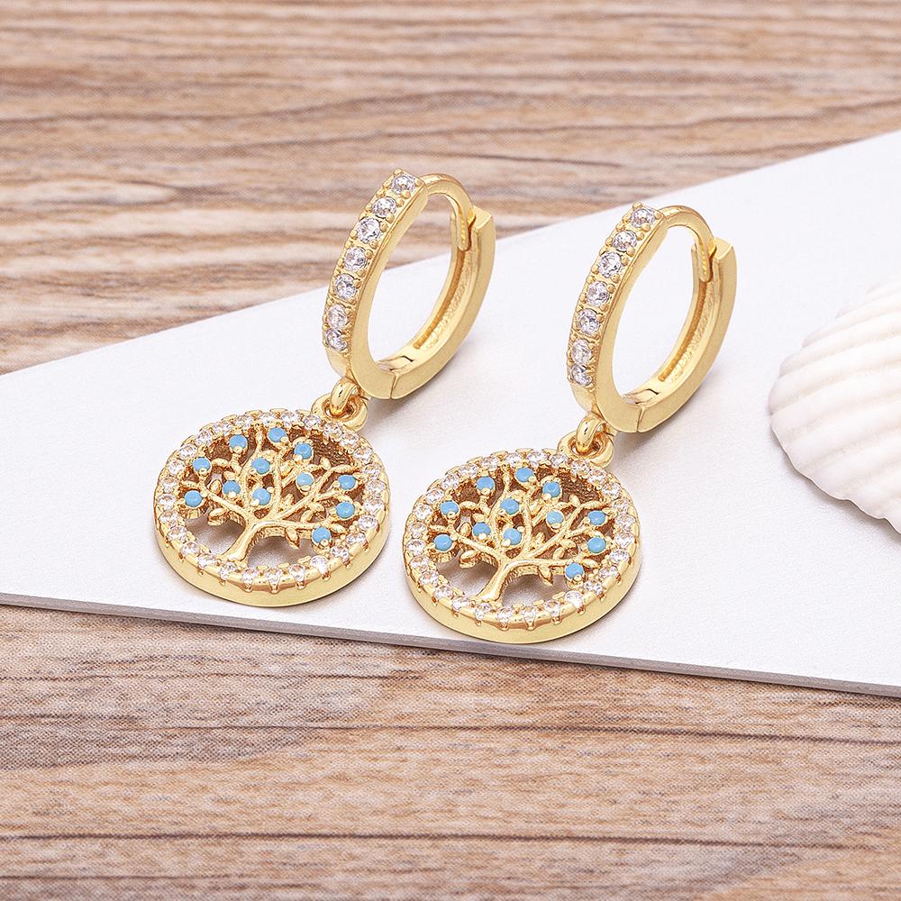 Nidin Fashion Classic Tree of Life Drop Earrings For Women Girl Female Copper CZ Lucky Party Birthday Jewelry Hoop Earrings Gift