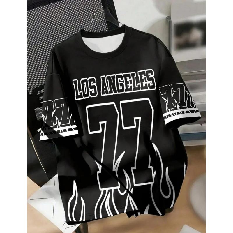 Men s Summer Casual Breathable Round Neck T-shirt Flame Color blocked Los Angeles Letter 77 Printed Outdoor Street Top S
