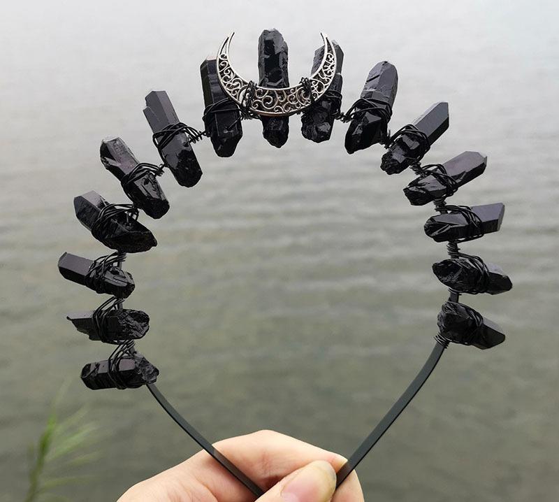 Natural Crystal Electroplating Frosted Crystal Witch Halloween Moon Crown Headband KTY