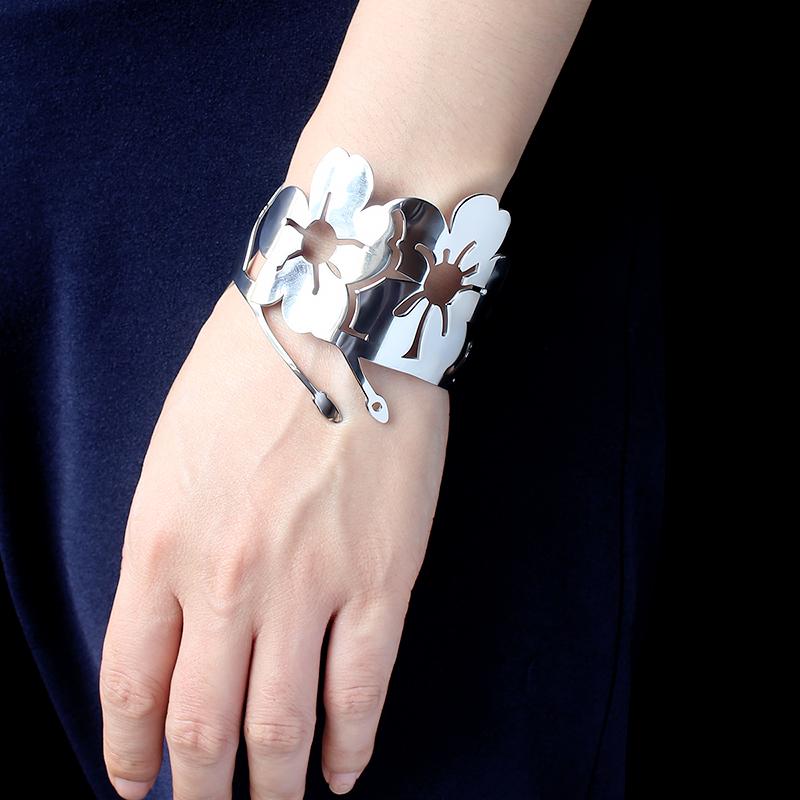 

Fashion Exaggerated 316L Stainless Steel Bracelet Hollow Flower Cuff Bangle Silver Plated Statement Jewelry