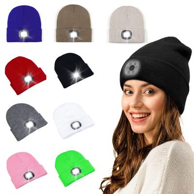 Women Autumn Winter Knitting Hat Solid Color Brimless Hat with LED Light Warm Windproof Elastic Beanie Hat