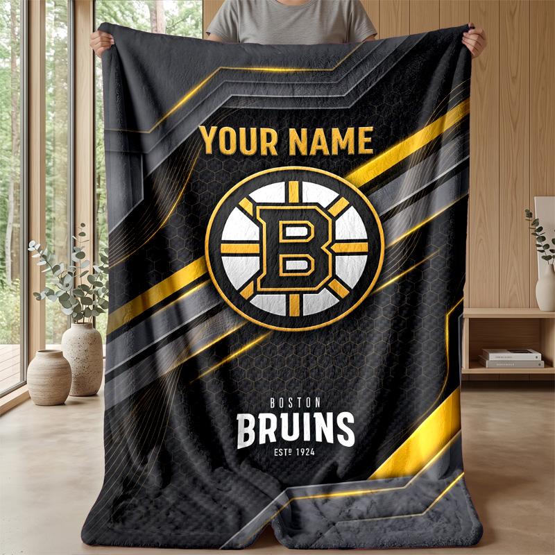 Boston Bruins Custom Flannel Throw Blanket Print Your Name Text Soft Warm Blanket Holiday Present