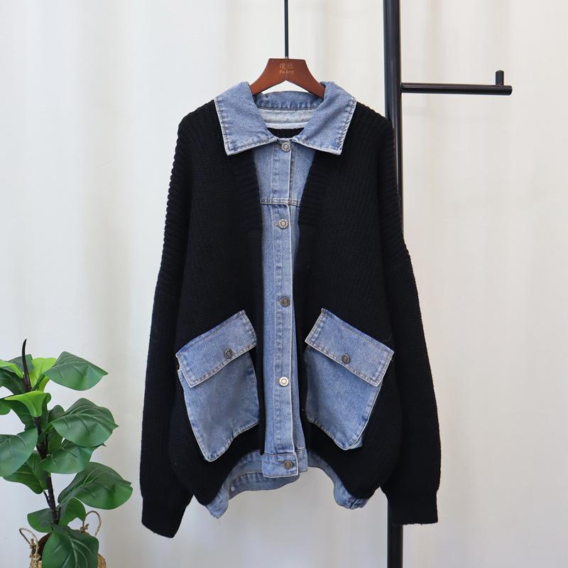

Осень и зима новый поддельный двухслойный джинсовый трикотажный кардиган свободный повседневный ленивый ветер свитер куртка женская one size fits all чёрный