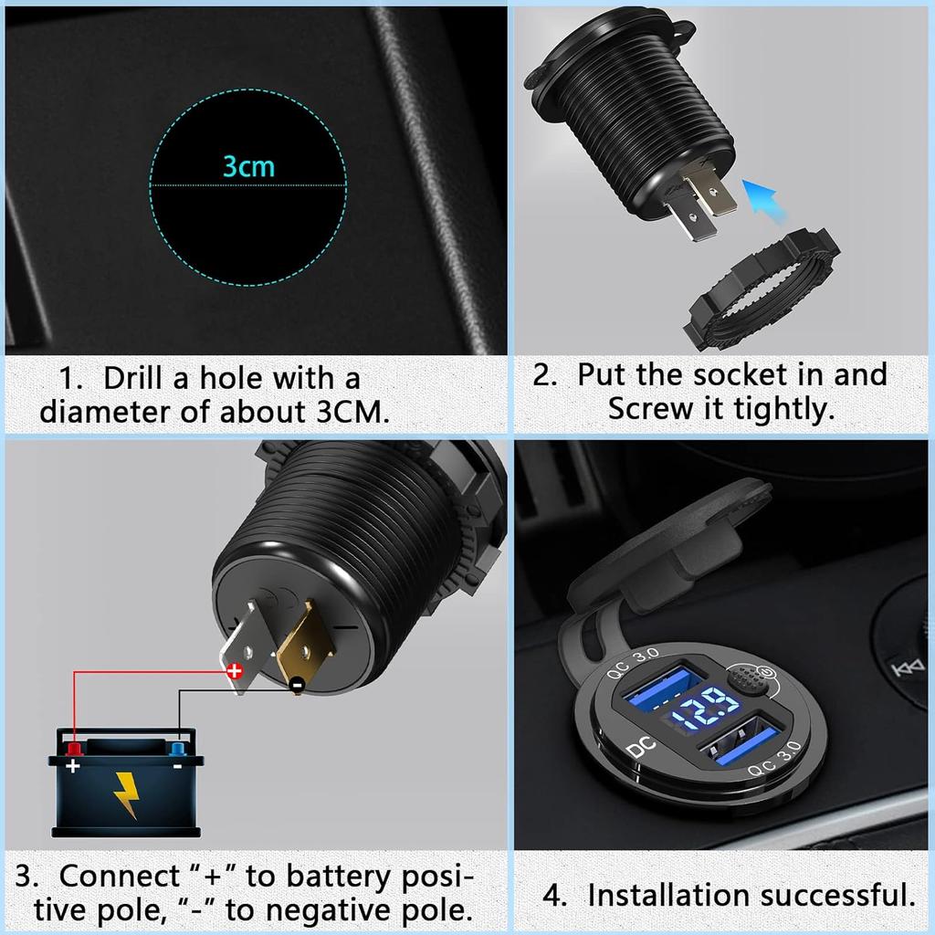 [Metal Shell] 12V USB Outlet Dual QC 3.0: Qidoe Aluminum Socket 12 Volt Motorcycle USB Outlet with LED Voltmeter Button Switch Waterproof 12 V Car