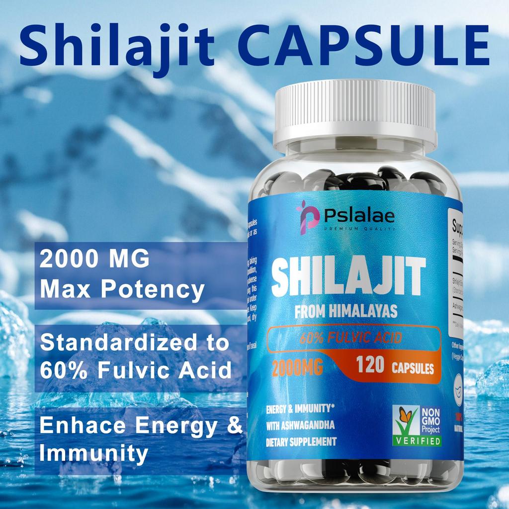 Pslalae Pure Shilajit Resin Capsules 2000mg Enhance Liver Metabolism Lowering Blood Sugar & Anti-Fatigue Energy Support for Men & Women