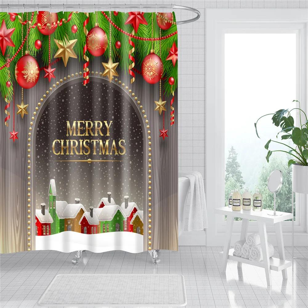 Merry Christmas Shower Curtains New Year Santa Bathroom Decor Bath Curtain Cartoon Snowman Elk Bath Bathroom Curtains