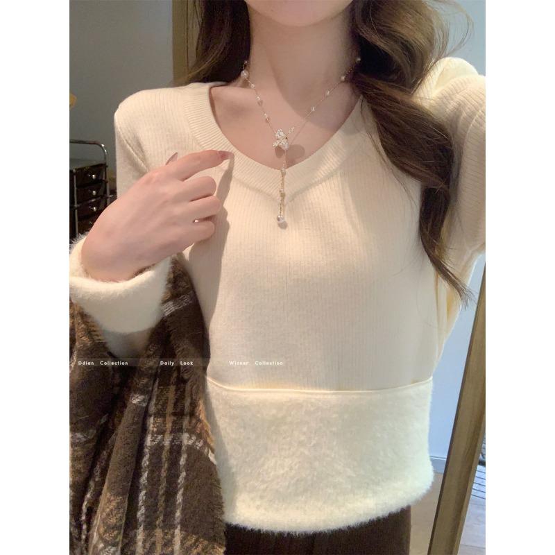 Neck thickened sweater women's autumn and winter basic warm integrated fleece slim bottoming shirt with knitted top inside