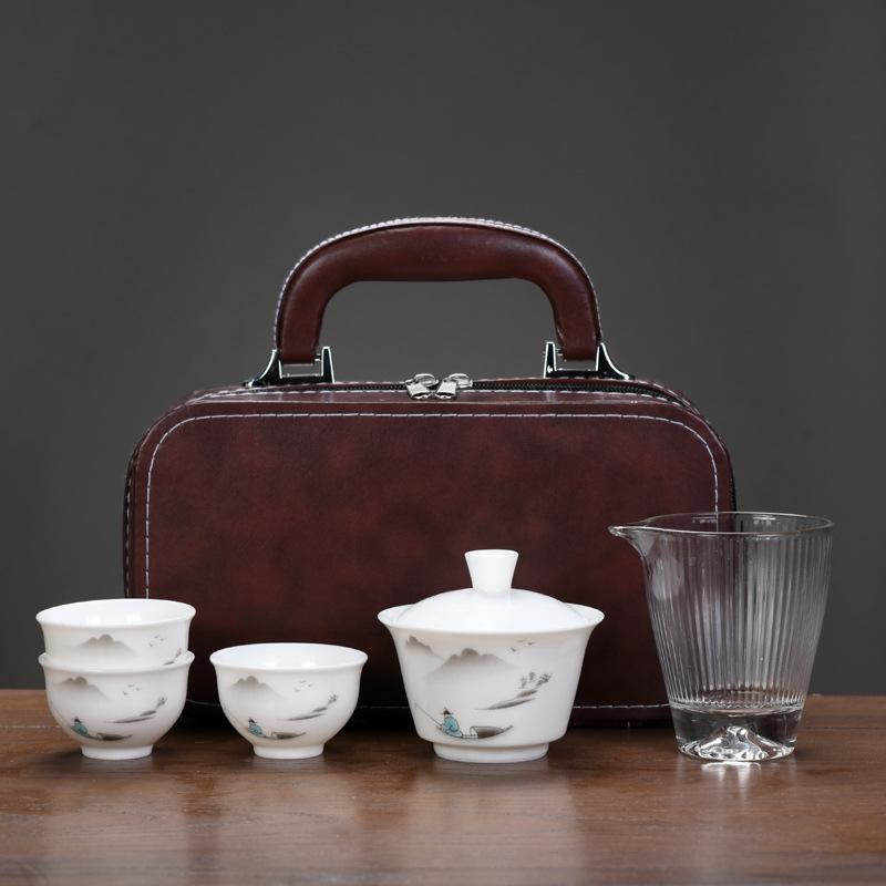 Suet Jade Porcelain High-end Travel Tea Set Cover Bowl Teacup Business Leader Customer Teacher Father Commemorative Gift