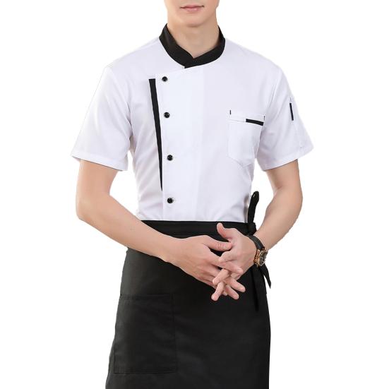 

Chef Uniform Apron Set Stand Collar Short Sleeve Breathable Kitchen Jacket with Multi-Pocket Design Patchwork Color Kitchen Staff Clothing M белый