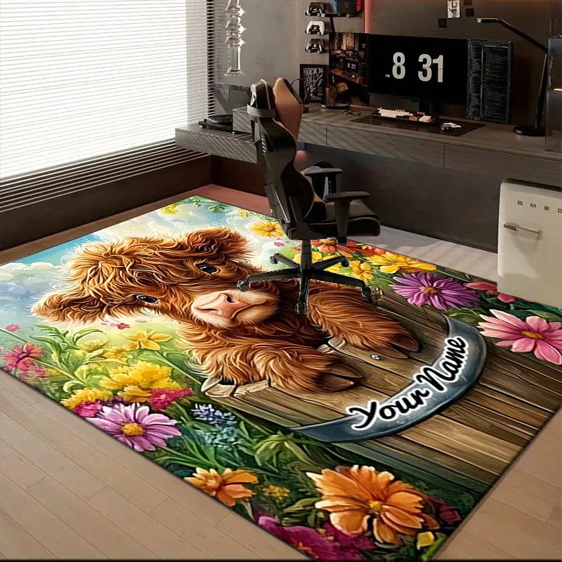 1PC Custom Name Highland Cow In Flowers Theme Floor Mat Ideal for Living Room, Game Rooms, Office, Bedroom,Floor Mat Playful Design187