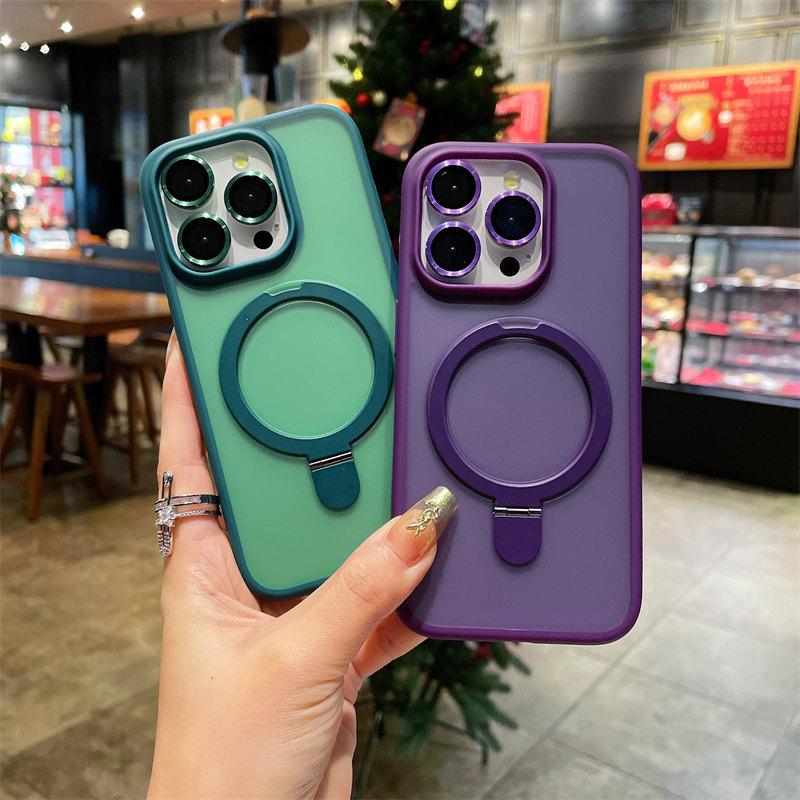 Luksus Matt Holder Telefonveske For iPhone 15 Pro Max 14 13 12 11 For Magsafe Støtsikker metall Usynlig magnetisk brakett Bakdeksel med linsefilm