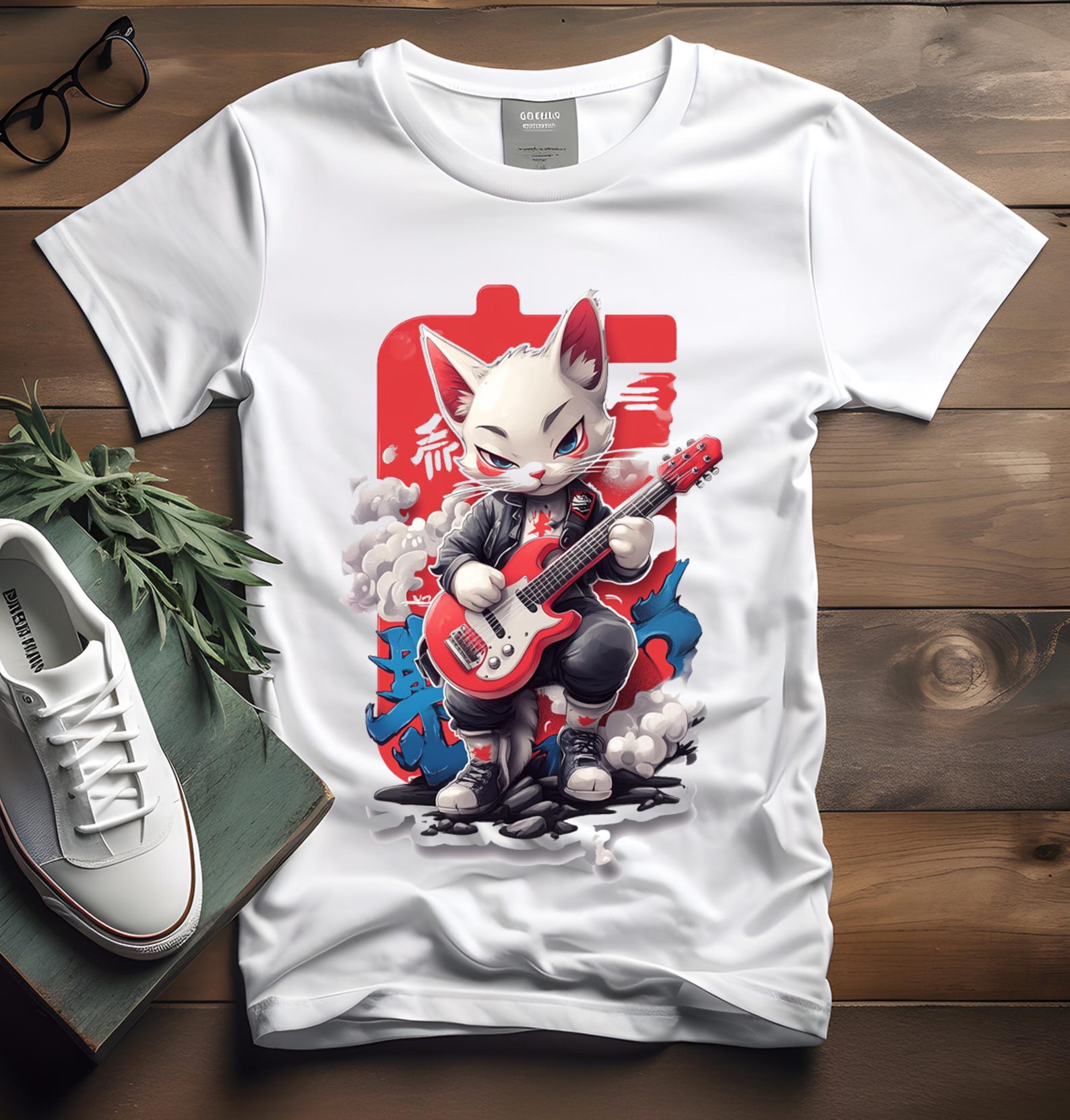 Rock Cat T-Shirt: Funny Guitarist Cat Tee M