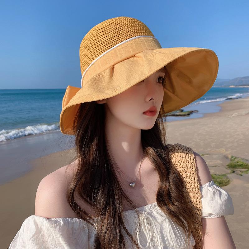 

Весенне-осенняя новая шляпа Женская модная универсальная шляпа с бантом и цветным клеем Солнцезащитная шляпа Летняя шляпа от солнца с тисненым краем Average size