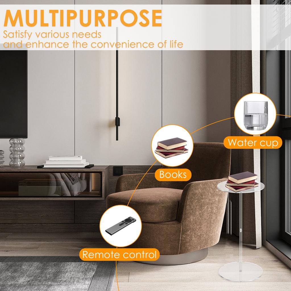 Acrylic Transparent Tea Table Drink Side Table Space Saving Small Round End Table Easy Assembly for Living Room Bedroom Office